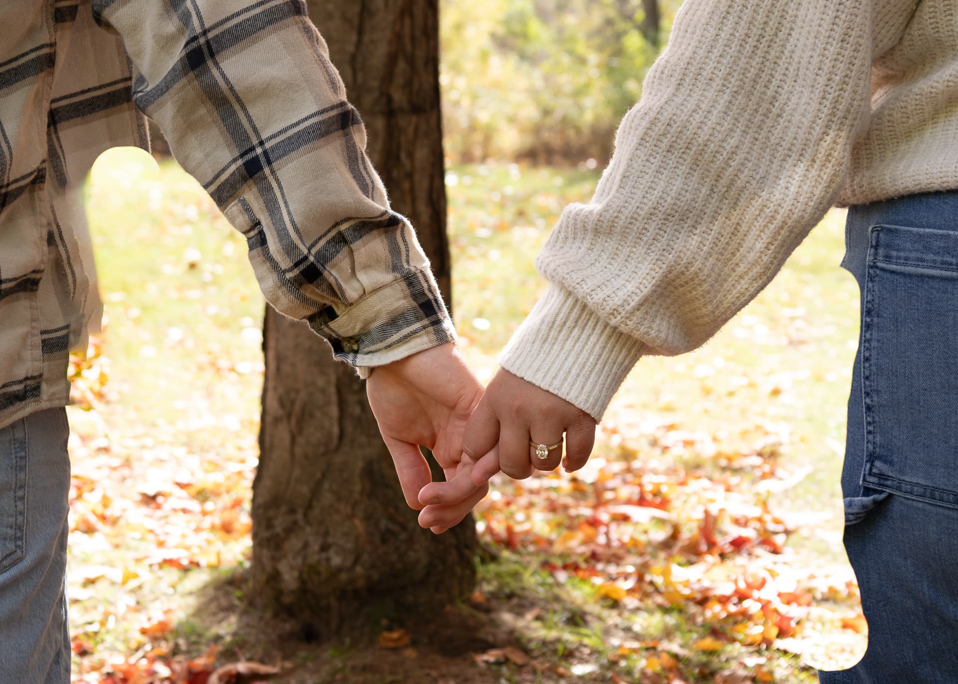 Holding hands with engagement ring